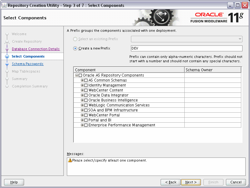 RCUの「コンポーネントの選択」画面