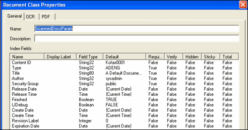 ScannedDocsParamの「Document Class Properties」画面