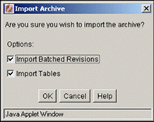 「アーカイブのインポート」画面については周囲のテキストで説明しています。