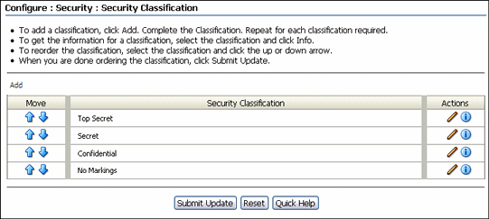 Text describes the configure security classification page.
