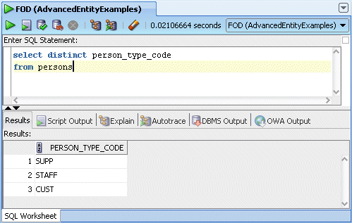 「SQLワークシート」を使用して列の値を検索した図