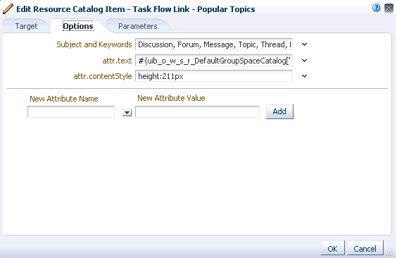 Options Tab on the Edit Resource Catalog Item Dialog