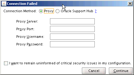 Oracle Configuration Manager Connection Failed Dialog Box