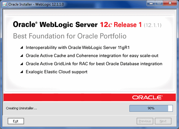 WebLogic Serverインストーラの「ステータス」画面