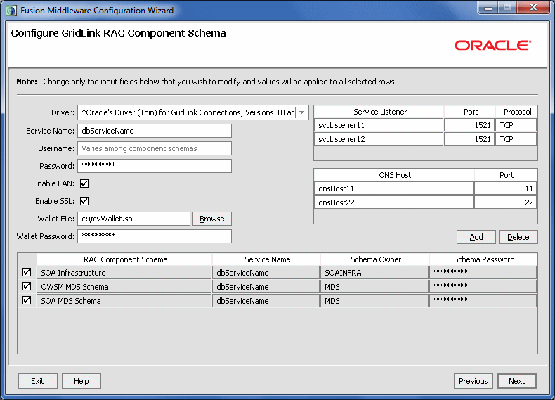 GridLink RACコンポーネント・スキーマの構成画面