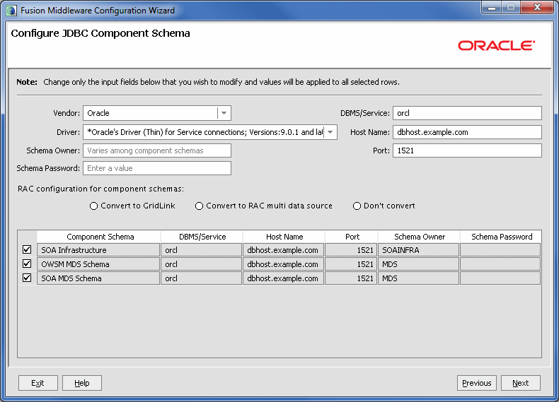 JDBCコンポーネント・スキーマ画面(GridLinkバージョン)