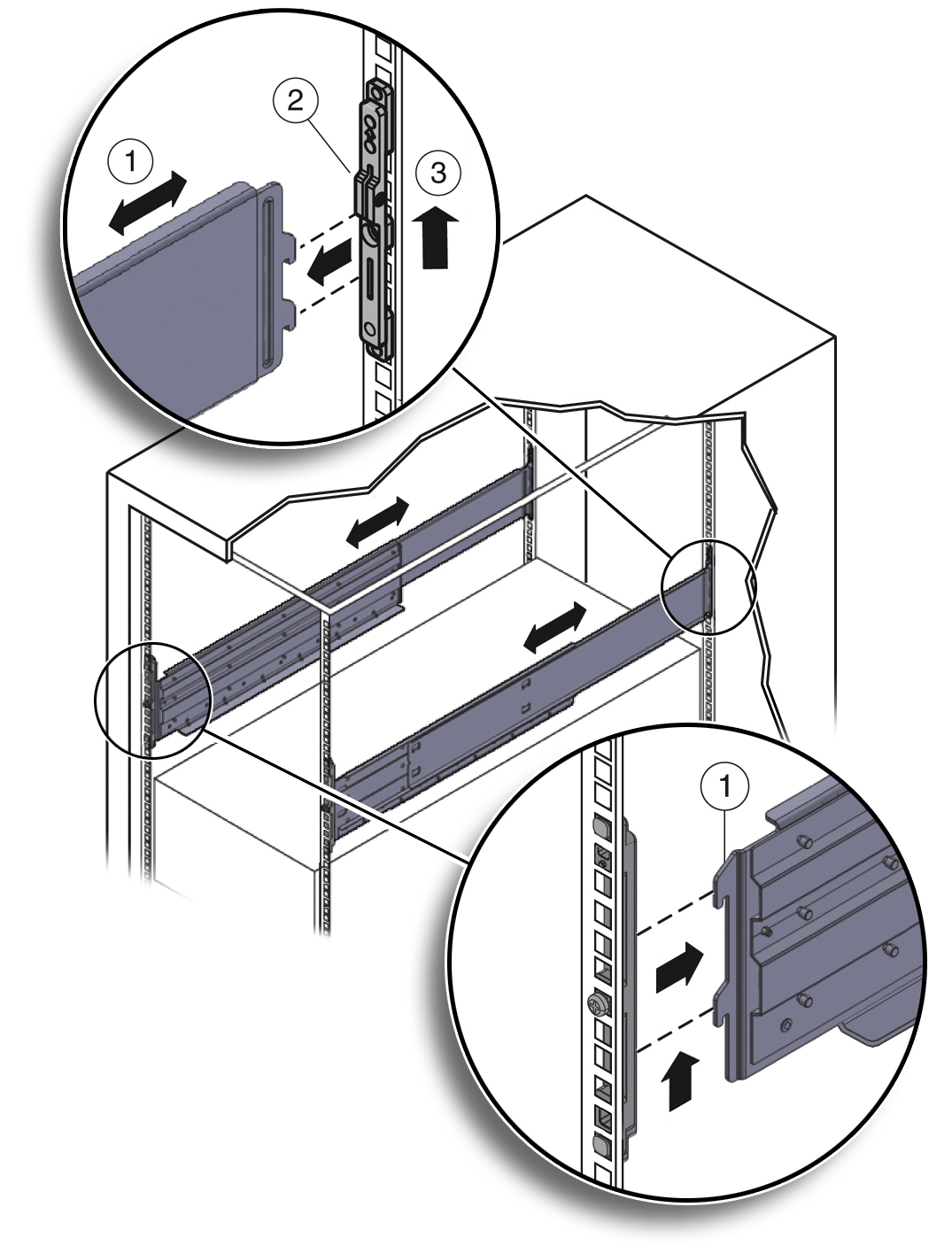 ラックから取り外されるラック取付けハードウェアを示す図。 イメージ:ラックから取り外されるラック取付けハードウェアを示す図。