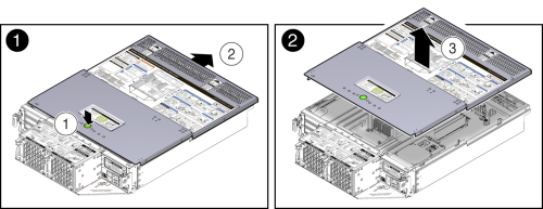 画像: 上部カバーのサーバー・ノードからの取外し方法を示す図。