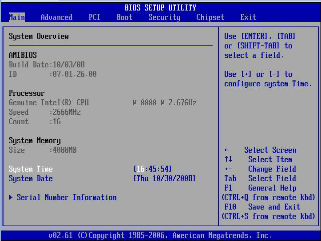 画像: 「BIOS Setup Utility: Main - system overview」を示す図。