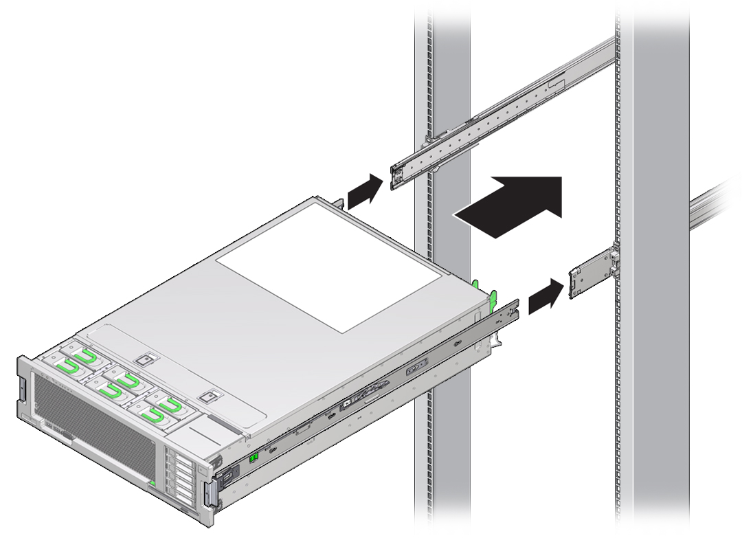 image:Graphic of inserting the server with mounting brackets into the slide rails.