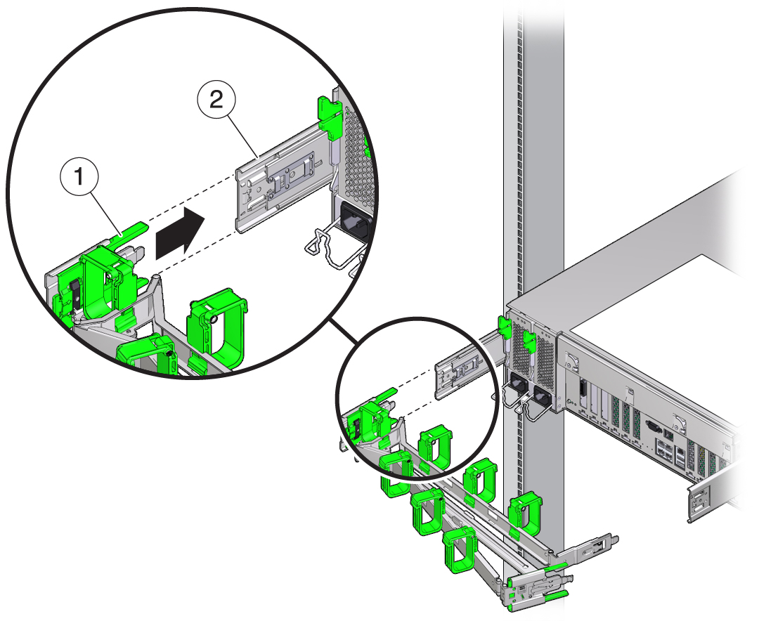 image:Graphic showing CMA slide rail connector inserting into the back of the left slide rail.