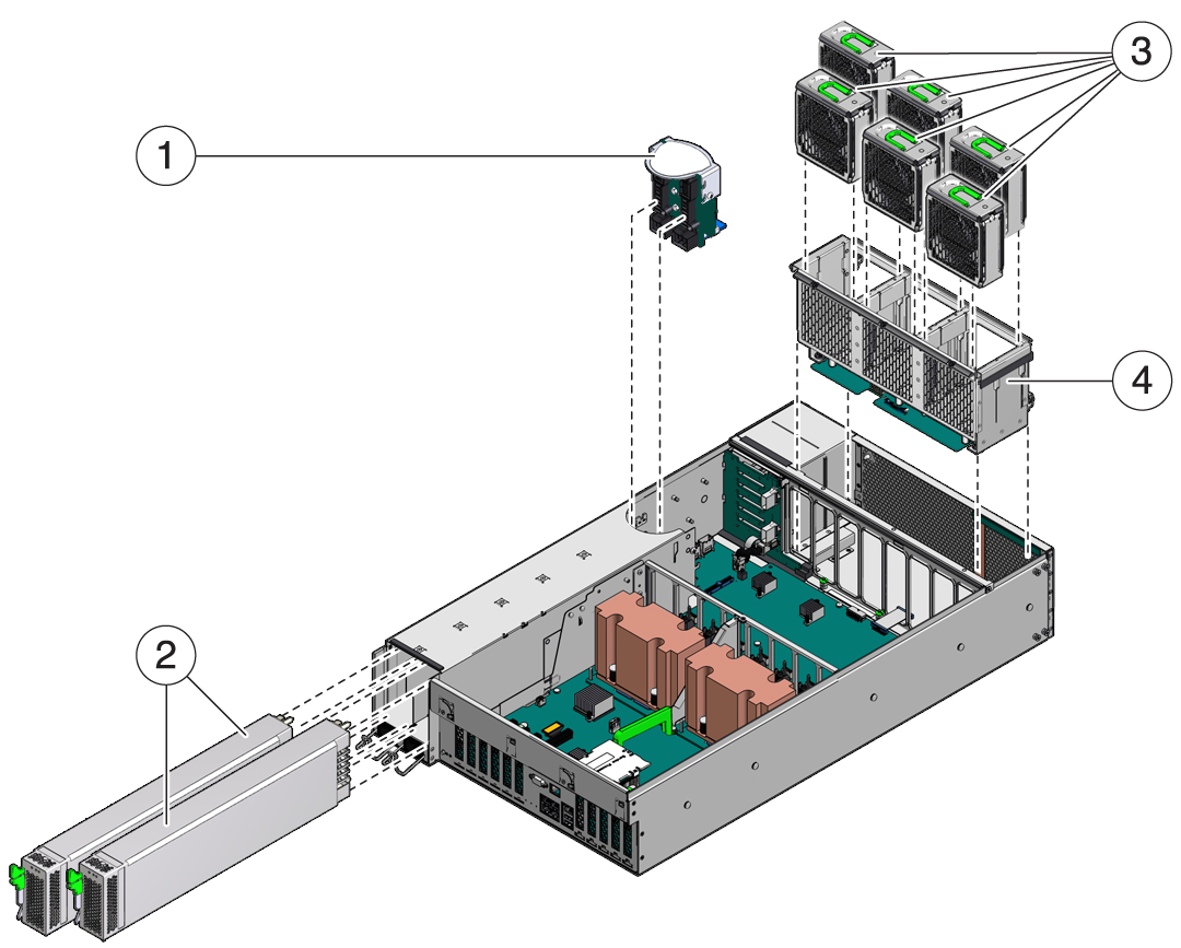 image:Exploded view figure showing the power distribution and fan module components.
