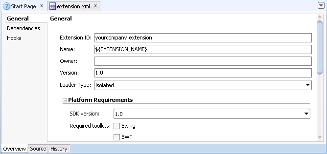 概要エディタに表示されたextension.xml