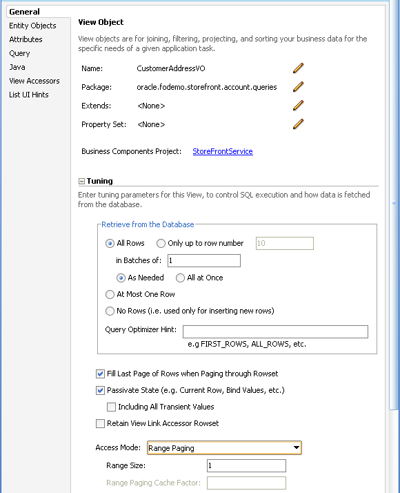 Access Mode selection in view object editor