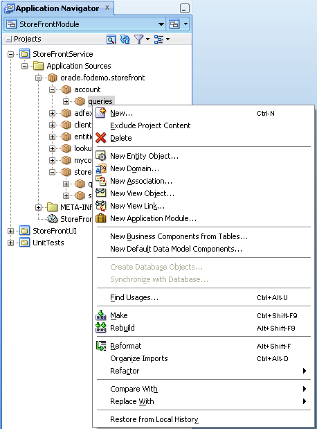 Context menu options in Application Navigator