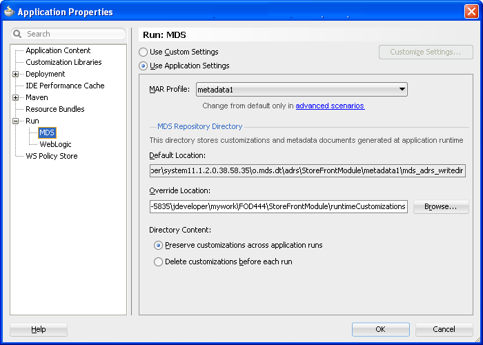 Application roperties Run MDS options