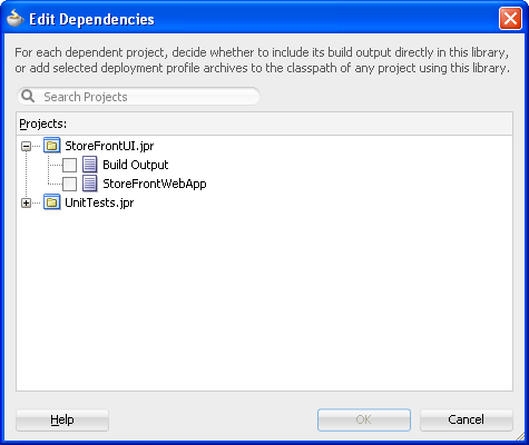 ADF Deployment Profile Edit Dependencies dialog.