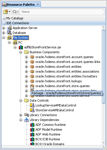 Resource Palette for ADF Library and tool tip.