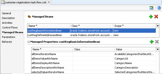 managed bean in customer registration task flow