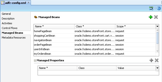 The JSF Configuration Editor shows all the managed beans