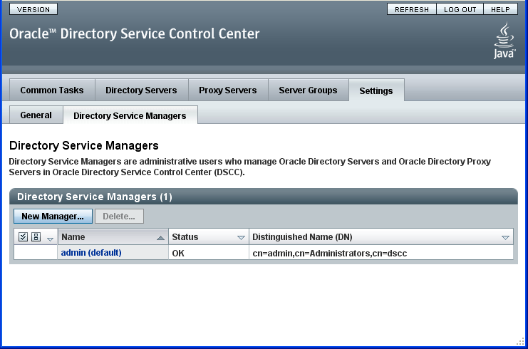 The Directory Service Managers page lists the default admin named admin (default).