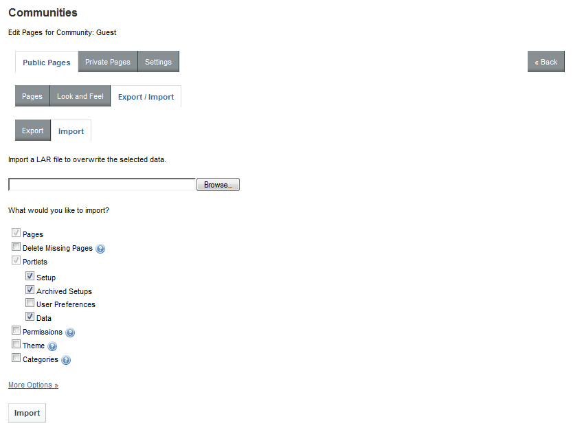 Import pages options