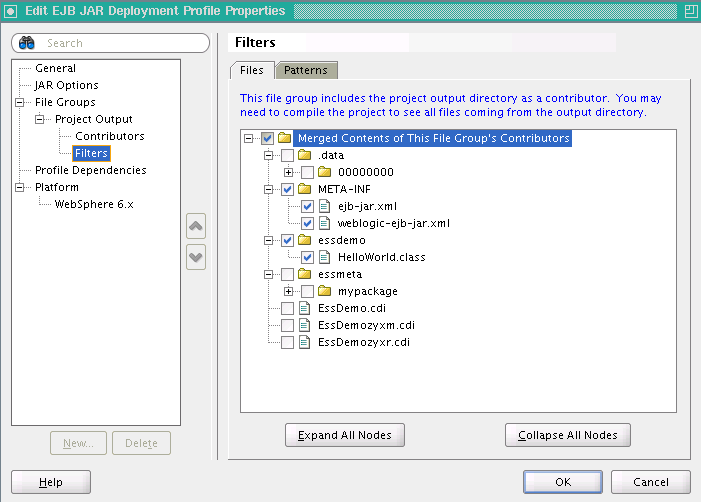 EJB JAR Deployment Profile File Groups Filters