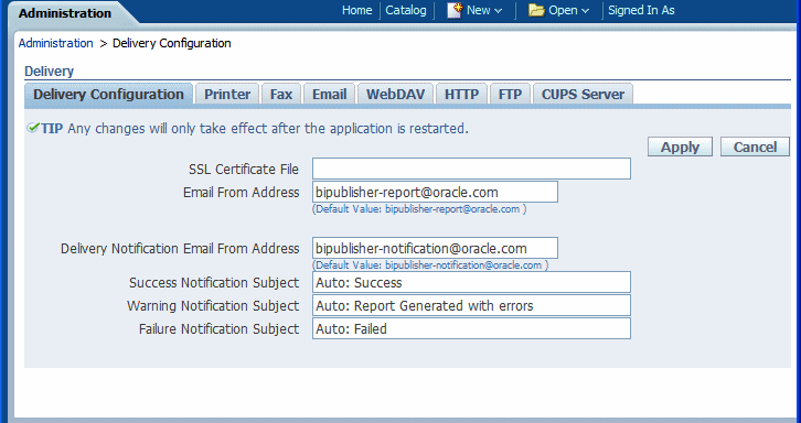 Delivery Configuration page