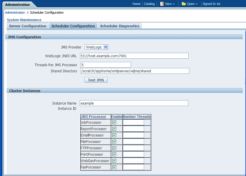 BI Publisher Scheduler configuration page