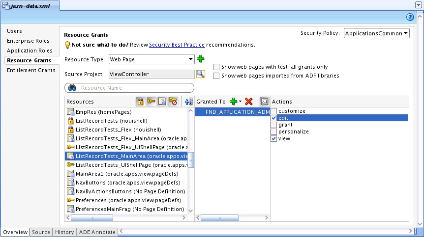 Resource Grants Tab in jazn-data.xml Overview