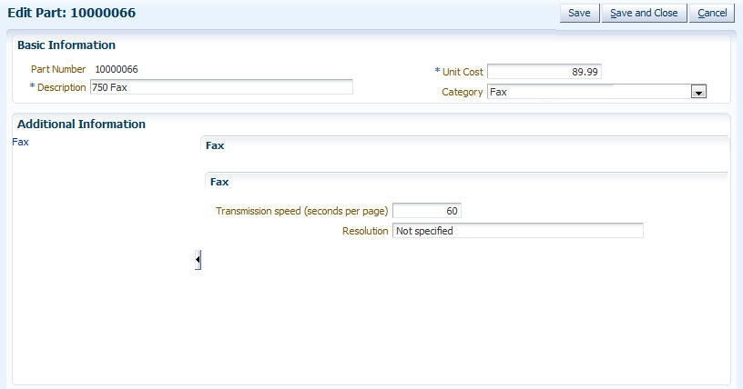 Parts page for Fax category