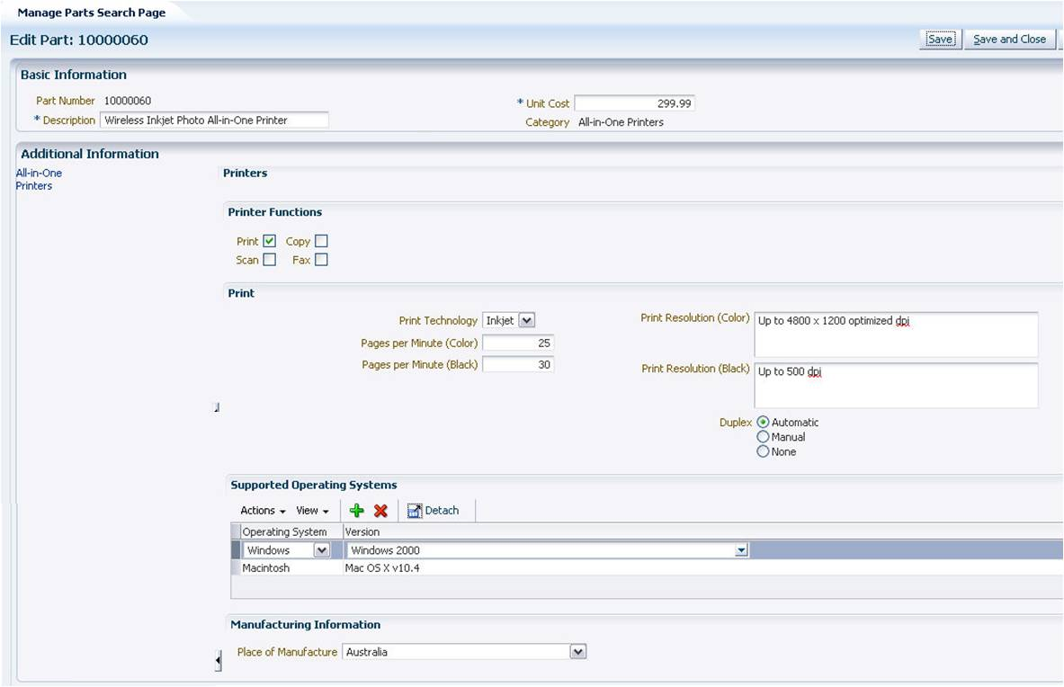 Printers logical page in the parts UI