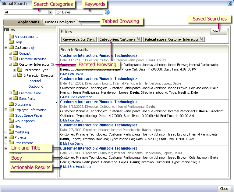 Search results with action links