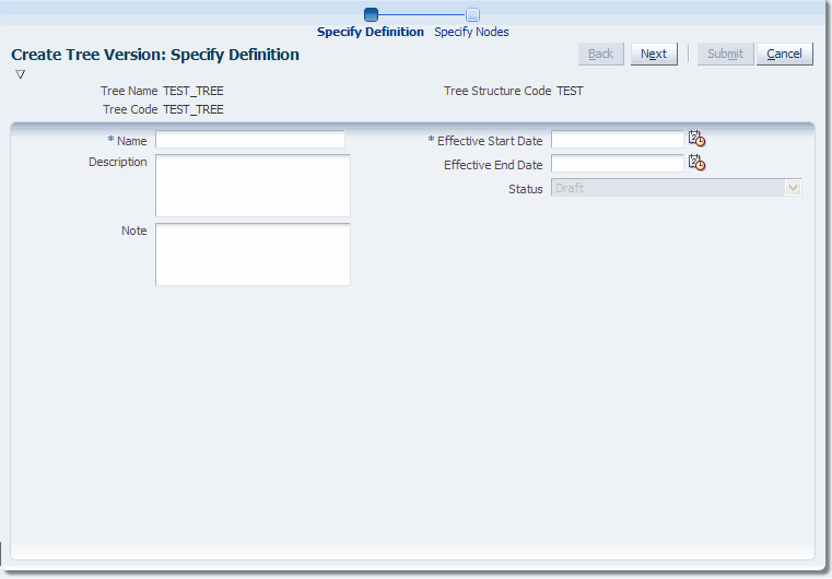 Create Tree Version: Definition Page