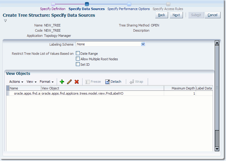 Create Tree Structure: Data Sources Page with View Object