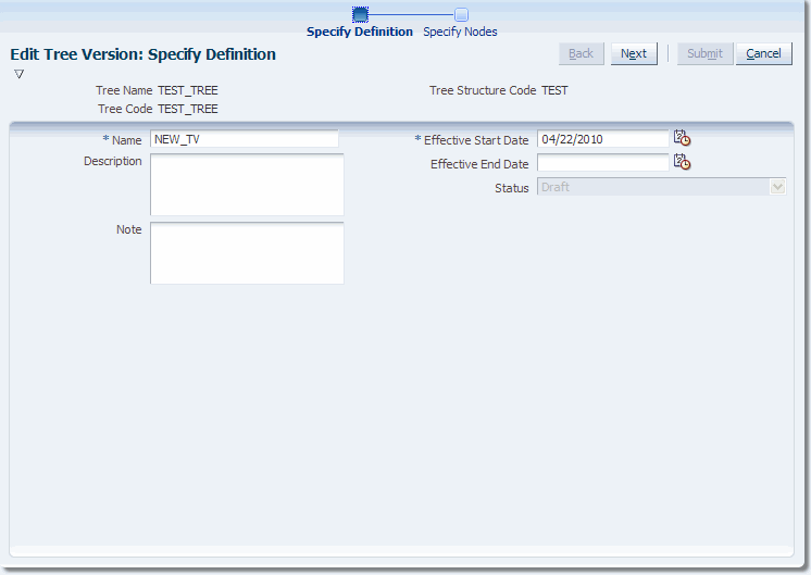 Edit Tree Version: Specify Definition Page