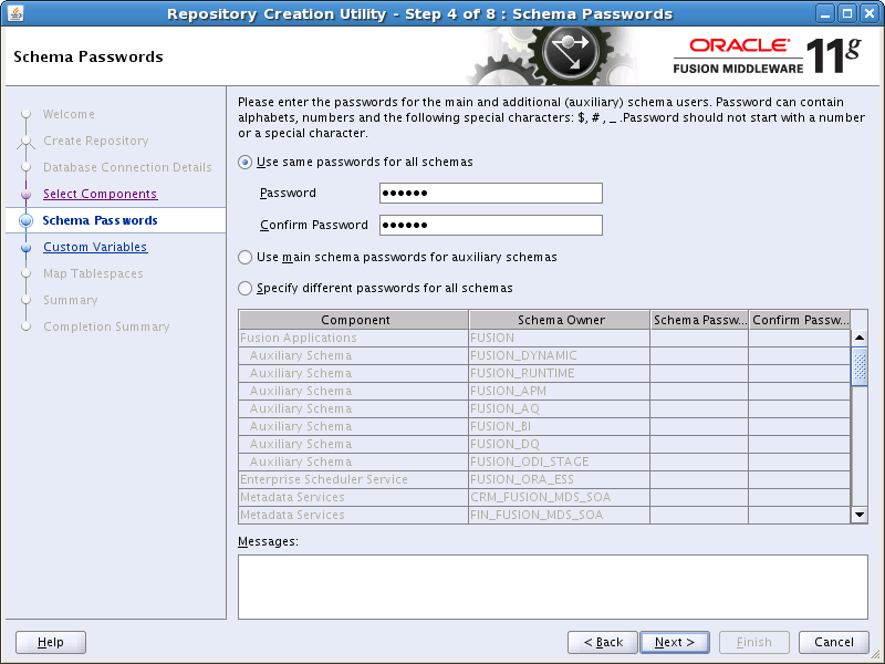 Schema Passwords Screen