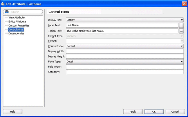 This graphicshows the label and tooltip options in JDev.