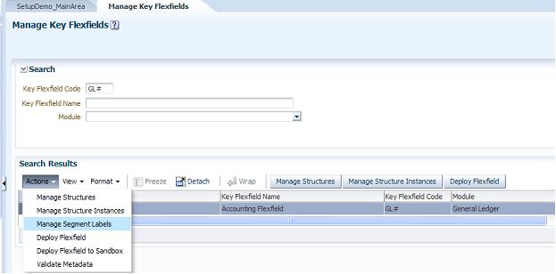 This screen shot displays the Actions menu in the Manage Key Flexfields window.
