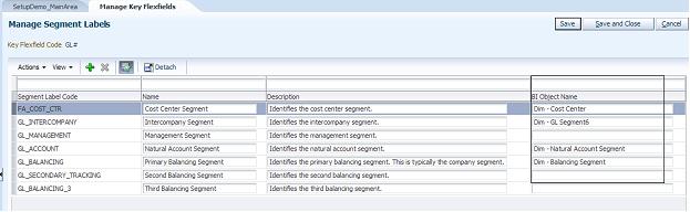 This screen shot displays the populating of BI Object Names in the Manage Segment Labels window.