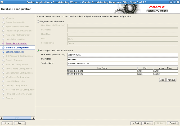Database Configuration Screen