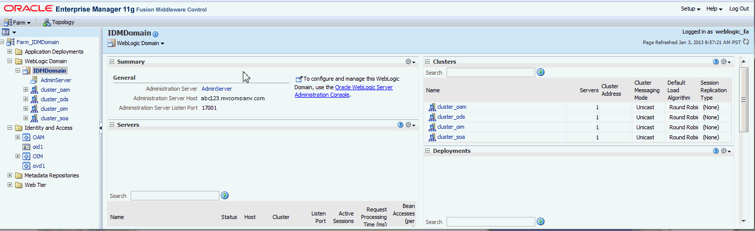 Accessing the IDM domain through Enterprise Manager.