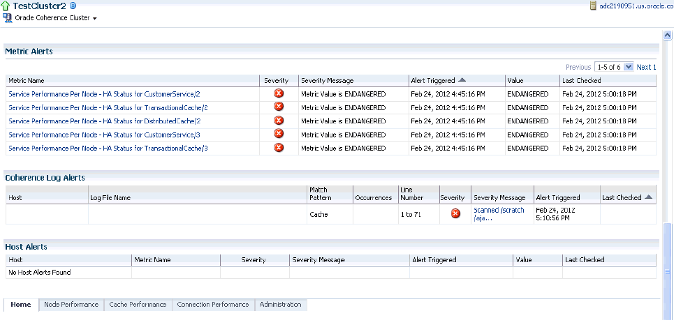 Cluster Home Page - Coherence Log Alerts