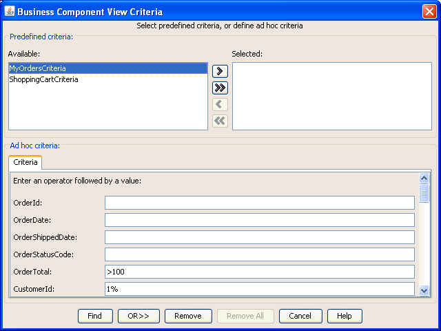 Business Component View Criteria dialog