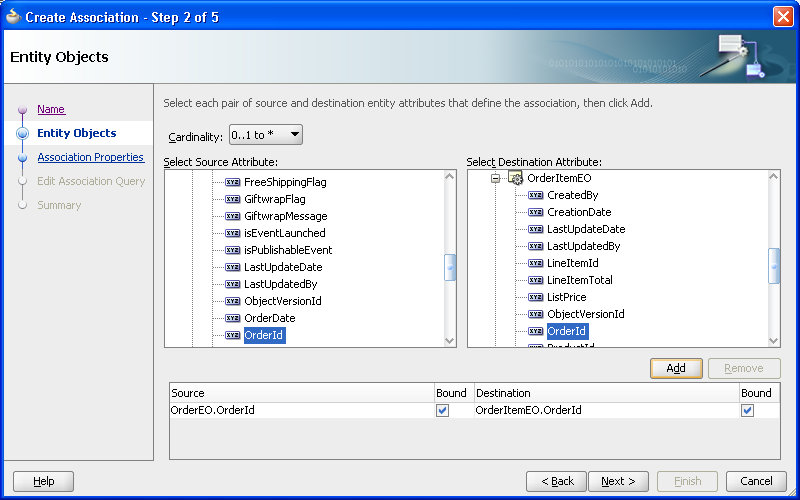 Image shows step 2 of the Create Association wizard