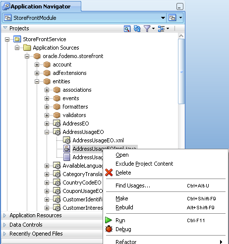 Image shows context menu in Application Navigator