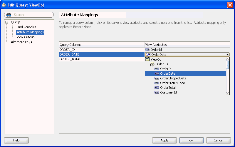 Edit Query dialog displays attribute mapping