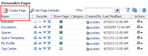 Create Page option on Personalize Pages