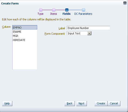 Create Form Dialog - Fields Page