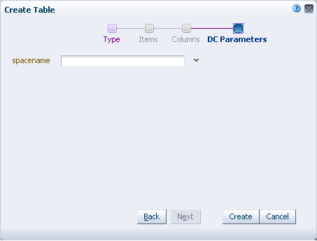 DC Parameters page in the Create Table dialog